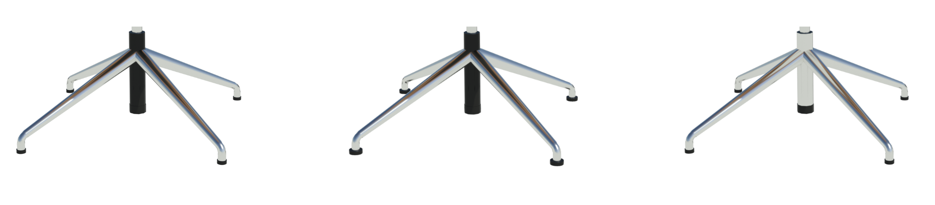 Revit render of Left to right: Black gas lift with standard glides, Black gas lift with base glides, chrome gas lift with standard glides.